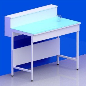 Paillasse sèche avec dosseret tablette piètement A plateau verre sans rive