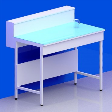 Paillasse sèche avec dosseret tablette piètement A plateau verre sans rive