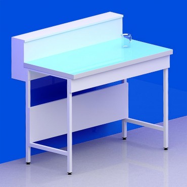 Paillasse sèche avec dosseret tablette piètement A plateau verre + rive