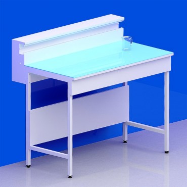 Paillasse sèche avec dosseret tablette piètement A plateau verre  chant blanc