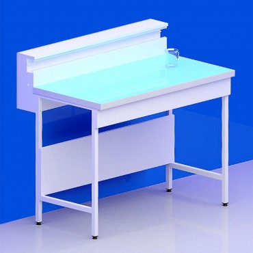 Paillasse sèche avec dosseret tablette piètement A plateau verre   + rive