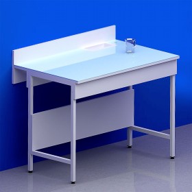 Paillasse humide avec dosseret piètement A plateau verre chant blanc avec bénitier à droite