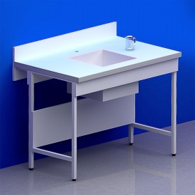 Paillasse humide avec dosseret piètement A plateau verre + rive avec cuve centrale