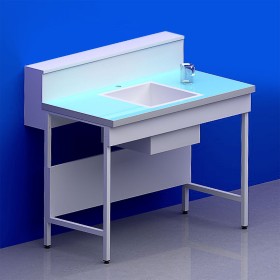 Paillasse humide avec dosseret tablette piètement A plateau verre chant blanc avec cuve centrale