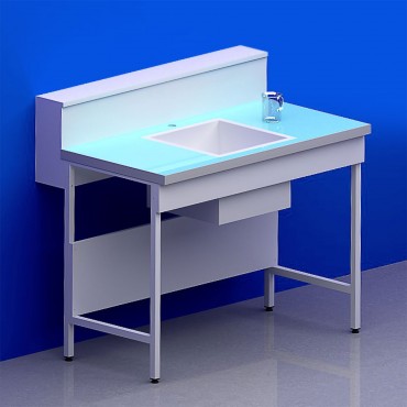 Paillasse humide avec dosseret tablette piètement A plateau verre + rive avec cuve centrale