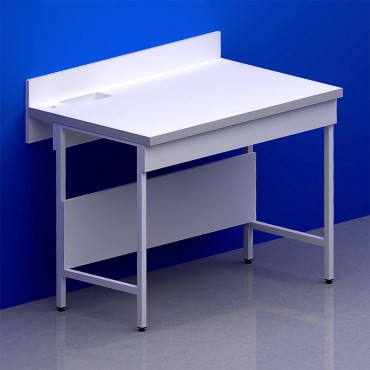 Paillasse humide avec dosseret piètement A plateau grès + rive avec bénitier à gauche