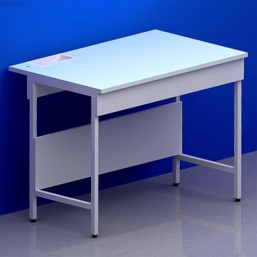 Paillasse humide simple piètement A plateau verre chant blanc avec bénitier à droite