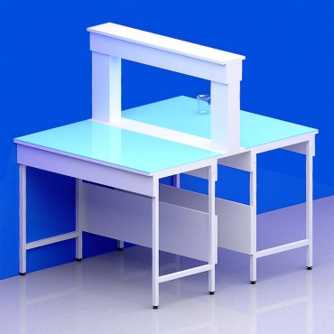 Paillasse centrale étagère coffre piètement A plateau verre chant blanc