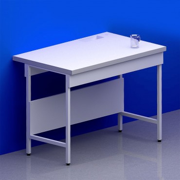 Paillasse humide simple avec piètement A et plateau grès + rive avec bénitier à droite