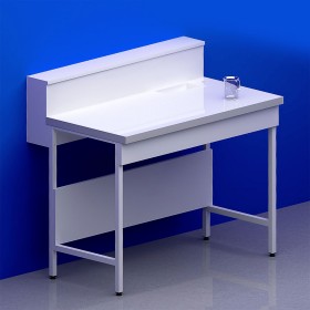 Paillasse humide avec dosseret tablette piètement A plateau grès + rive avec bénitier à droite