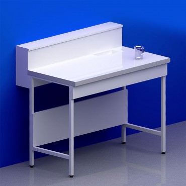 Paillasse humide avec dosseret tablette piètement A plateau grès + rive avec bénitier à droite