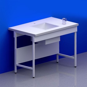 Paillasse humide simple piètement A plateau TRESPA + rive avec cuve centrale