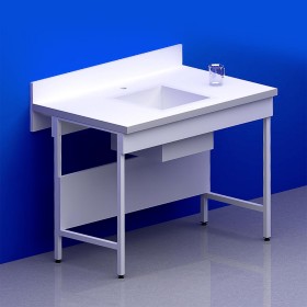 Paillasse humide avec dosseret mural piètement A plateau TRESPA + rive avec cuve centrale