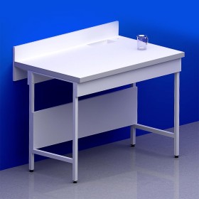 Paillasse humide avec dosseret mural piètement A plateau TRESPA + rive avec bénitier à droite