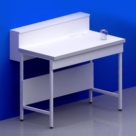 Paillasse humide avec dosseret tablette piètement A plateau stratifié compact 6mm + rive avec bénitier à droite