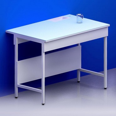 Paillasse humide simple piètement A plateau verre + rive avec bénitier à droite