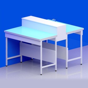 Paillasse centrale avec dosseret tablette piètement A plateau verre chant blanc
