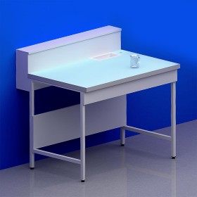 Paillasse humide avec dosseret tablette piètement A plateau verre + rive avec bénitier à droite