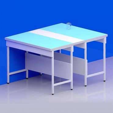 Paillasse centrale avec plage Trespa piètement A plateau verre + rive