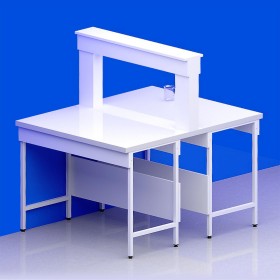 Paillasse centrale étagère coffre piètement A plateau grés + rive