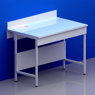 Paillasse humide avec dosseret piètement A plateau verre chant blanc avec bénitier à gauche