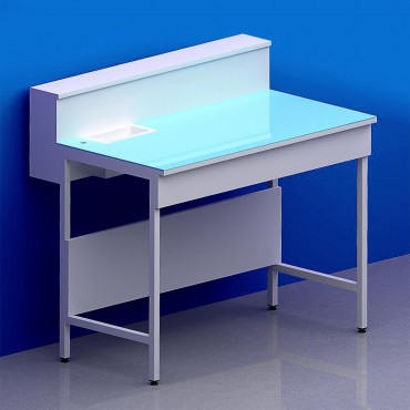 Paillasse humide avec dosseret tablette piètement A plateau verre chant blanc avec bénitier à gauche