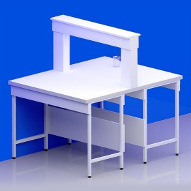 Paillasse centrale étagère coffre piètement A plateau stratifié compact 6 mm + rive