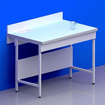 Paillasse humide avec dosseret piètement A plateau verre + rive + bénitier à gauche