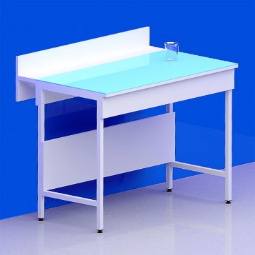 Paillasse sèche avec dosseret piètement A plateau verre + stratifié compact 6 mm