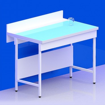 Paillasse sèche avec dosseret piètement A plateau verre + stratifié compact 6 mm + rive