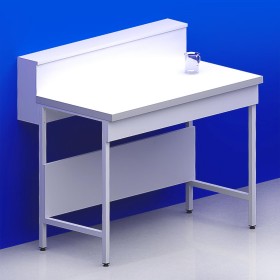 Paillasse sèche avec dosseret tablette piètement A plateau stratifié compact 6 mm + rive