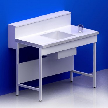 Paillasse humide avec dosseret tablette piètement A plateau grès + rive avec cuve centrale