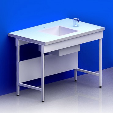 Paillasse humide simple piètement A plateau verre + rive avec cuve au centre